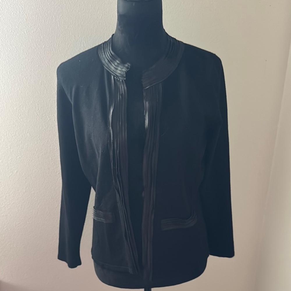 Faenza Petites black open front cardigan sweater pleated satin trim Sz PL